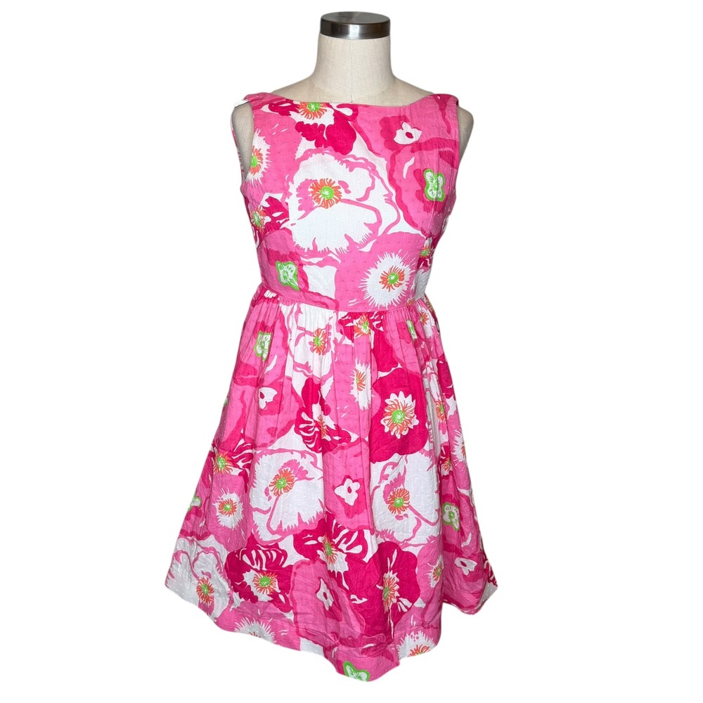 LILLY PULITZER Eryn Floral Fit Flare Dress Women's Size 0 Pink Kentucky Derby